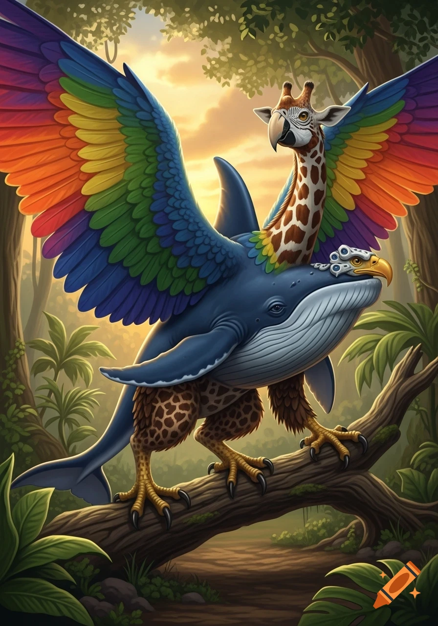 A fantastical creature with rainbow parrot wings, a blue whale body, a giraffe head with a beak, and bird talons, perched on a tree branch in a forest.