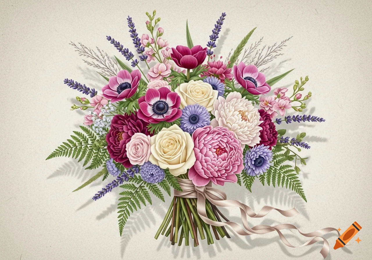 Vibrant botanical illustration of a lush bouquet with pink, purple, and cream flowers, green ferns, and lavender, tied with a ribbon.