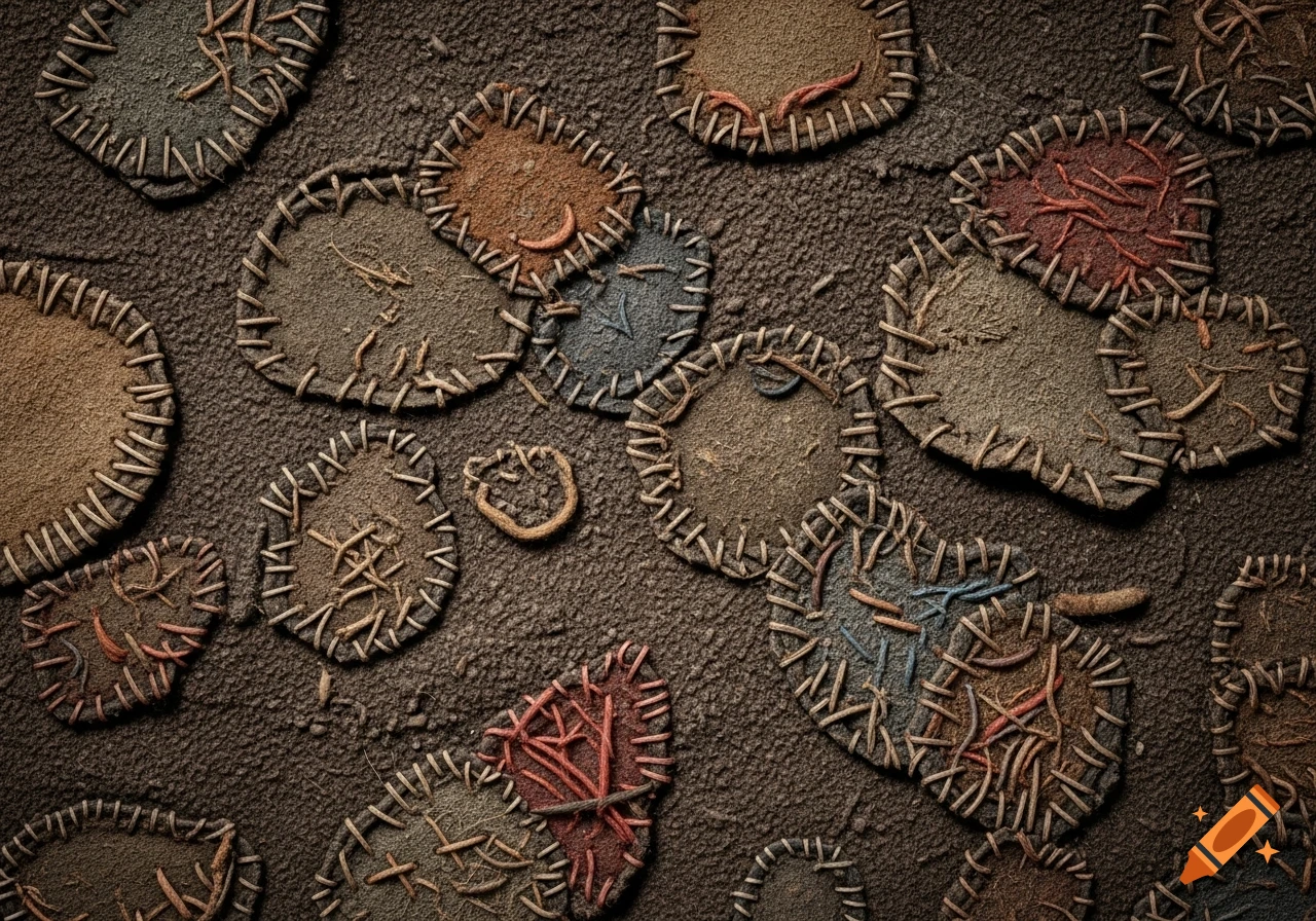 Close-up of a rugged, dirty wool fabric texture with many irregular, stitched patches in earthy tones.