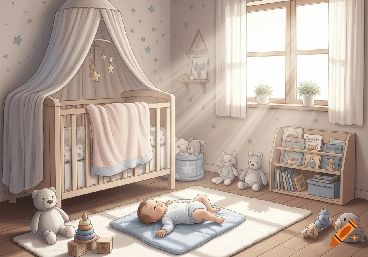 A baby lies on a blue mat in a soft, bright nursery with a crib, teddy bears, and a bookshelf.
