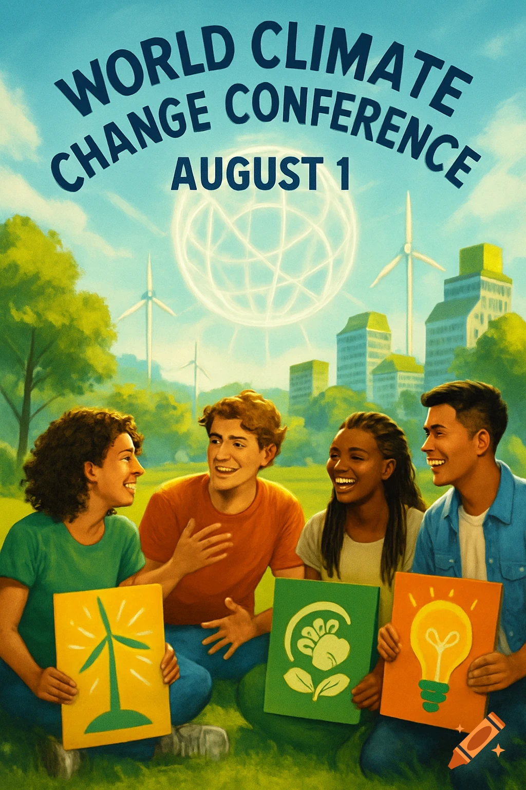 Four smiling diverse young people sit in a park, holding environmental signs, beneath a 'World Climate Change Conference August 1' poster with a city in the background.