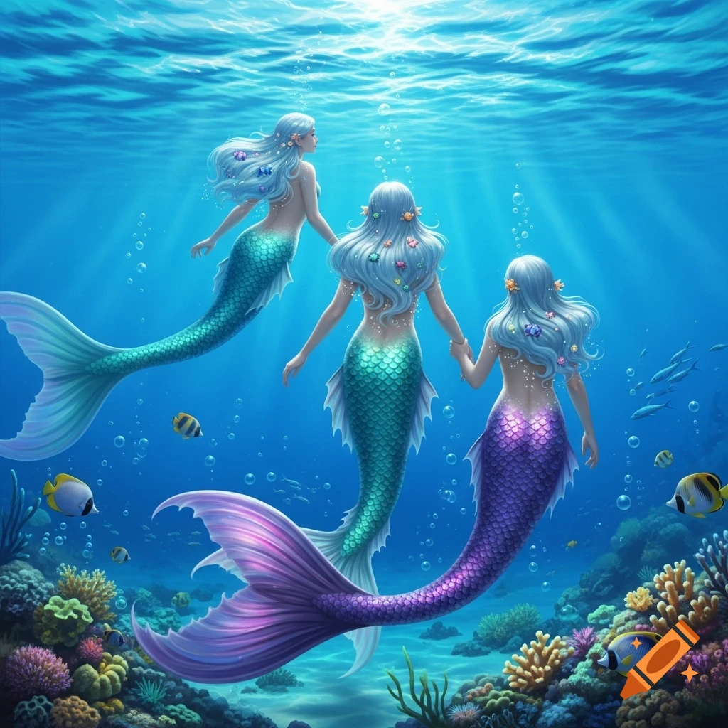 Three mermaids with light hair and colorful tails swim in clear blue water above a vibrant coral reef with fish and sun rays.