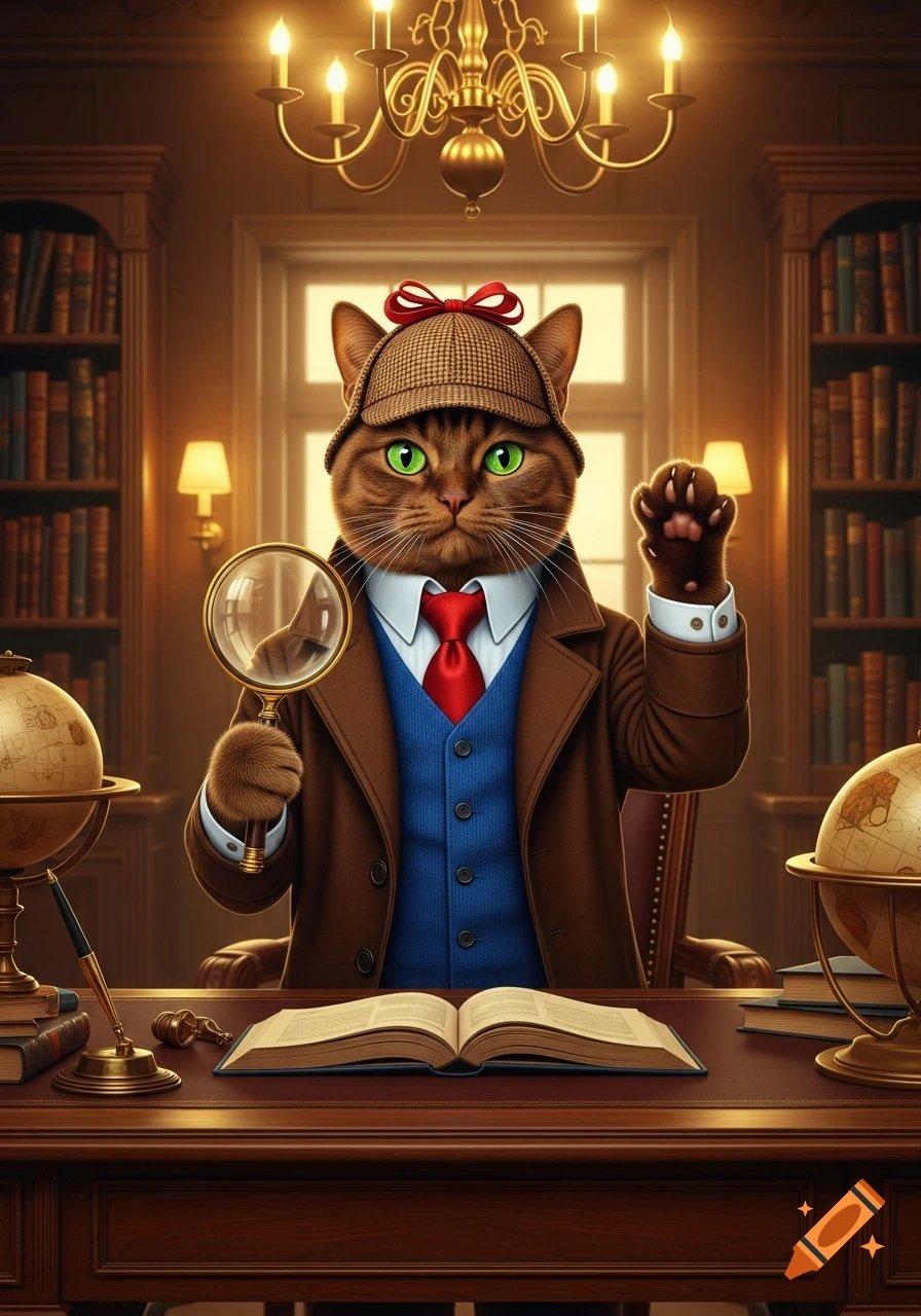 A brown anthropomorphic cat detective in a hat, coat, and tie, holding a magnifying glass at a desk in a library.