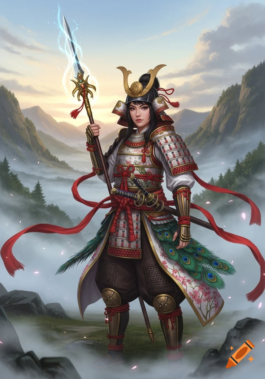 A female samurai paladin in detailed armor holds a glowing spear against a misty mountain sunrise.