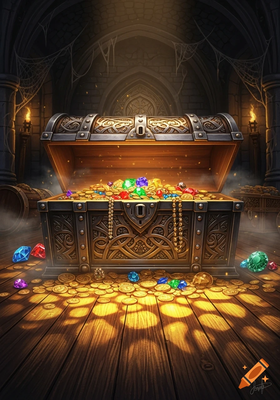 An ornate open treasure chest overflowing with gold coins, jewels, and pearls in a dark, atmospheric stone dungeon.