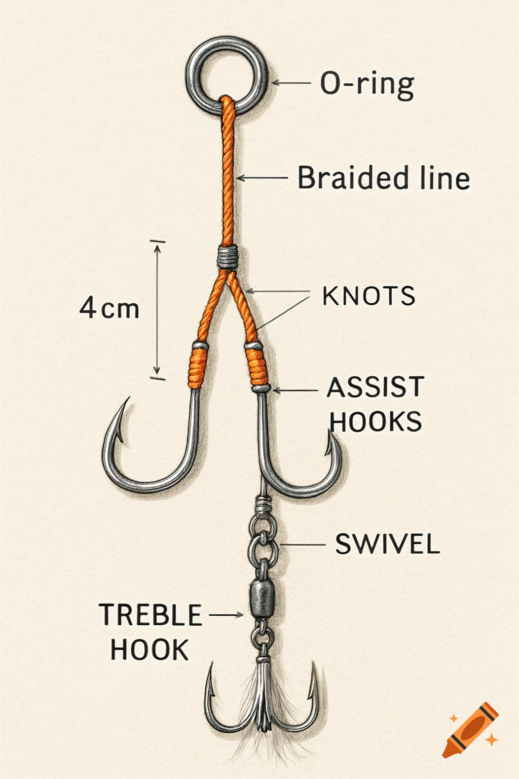 Professional diagram illustrating fishing tackle: an O-ring, braided line, assist hooks, swivel, and treble hook with labels.