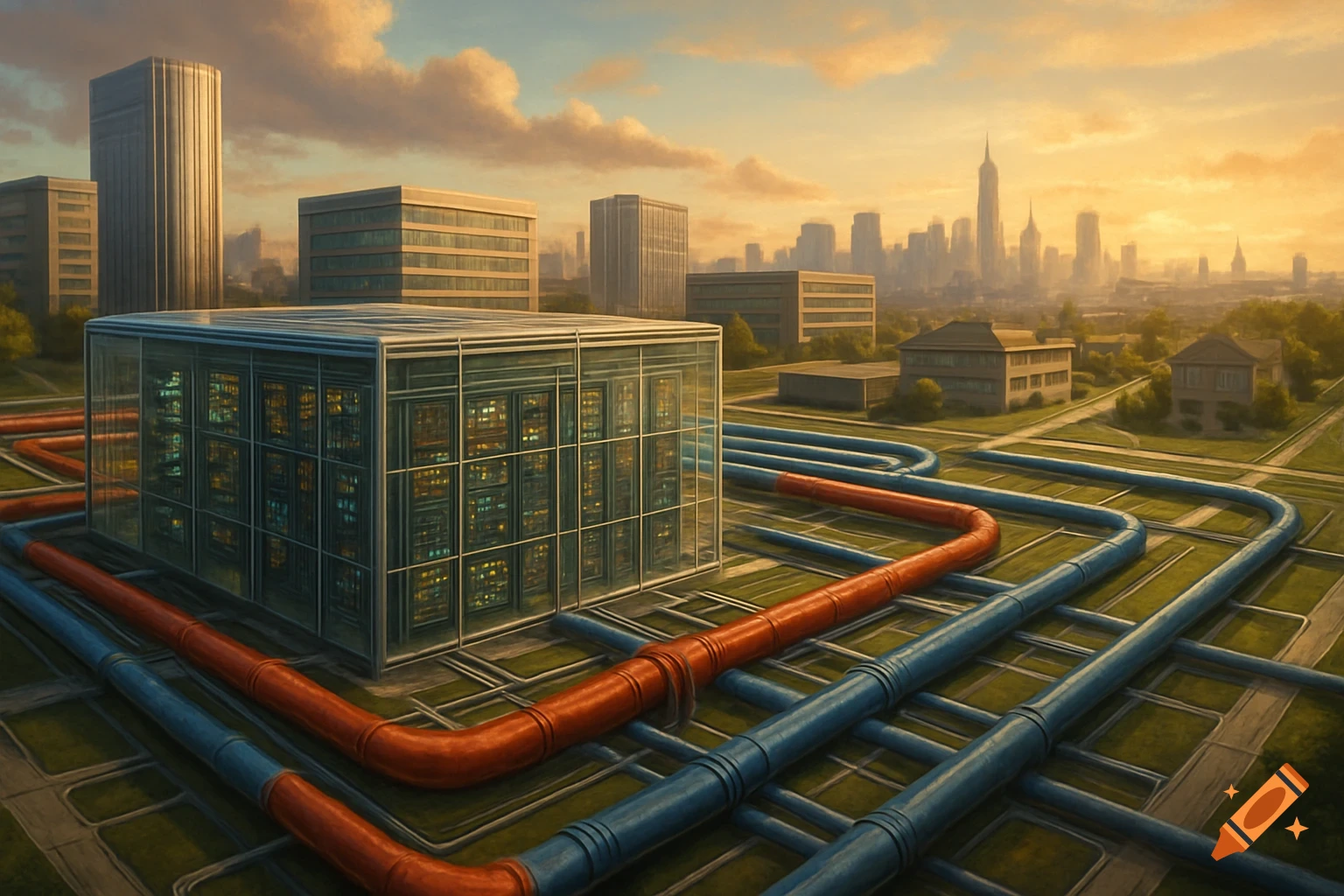 Transparent data center with server racks, connected by red and blue pipes to nearby buildings and a distant city at sunset. Stylized.