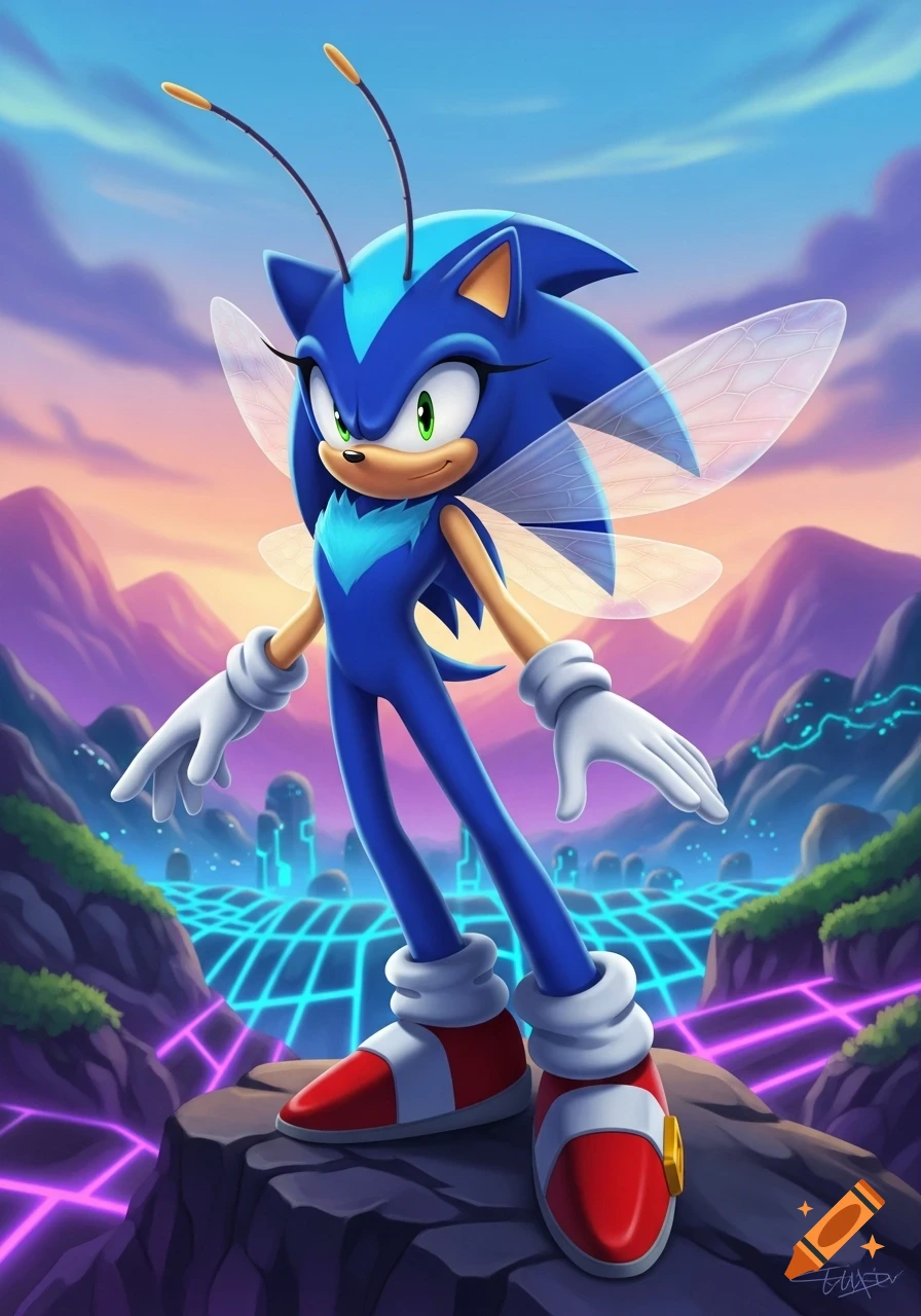 A blue female Sonic-style hedgehog-bug hybrid stands on a rock in a glowing sci-fi landscape at sunset.