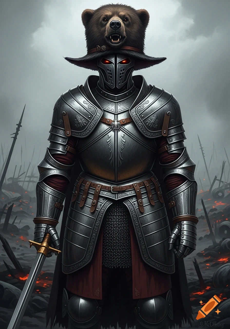 A grimdark medieval fantasy warrior in detailed European armor with a bear head hat, holding a sword on a smoky battlefield.
