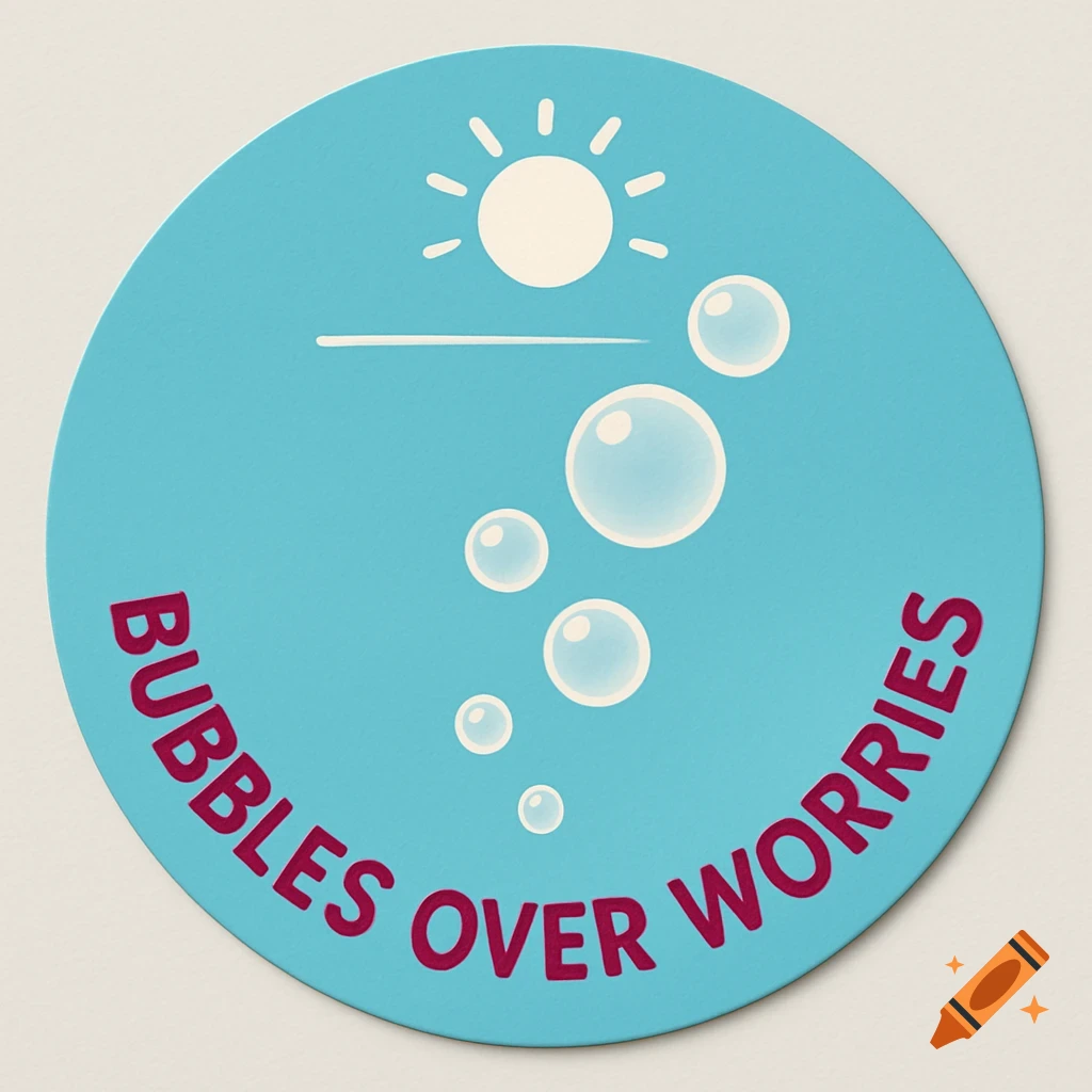 A round blue sticker featuring a white stylized sun, ascending white bubbles, and the burgundy text 'BUBBLES OVER WORRIES'.