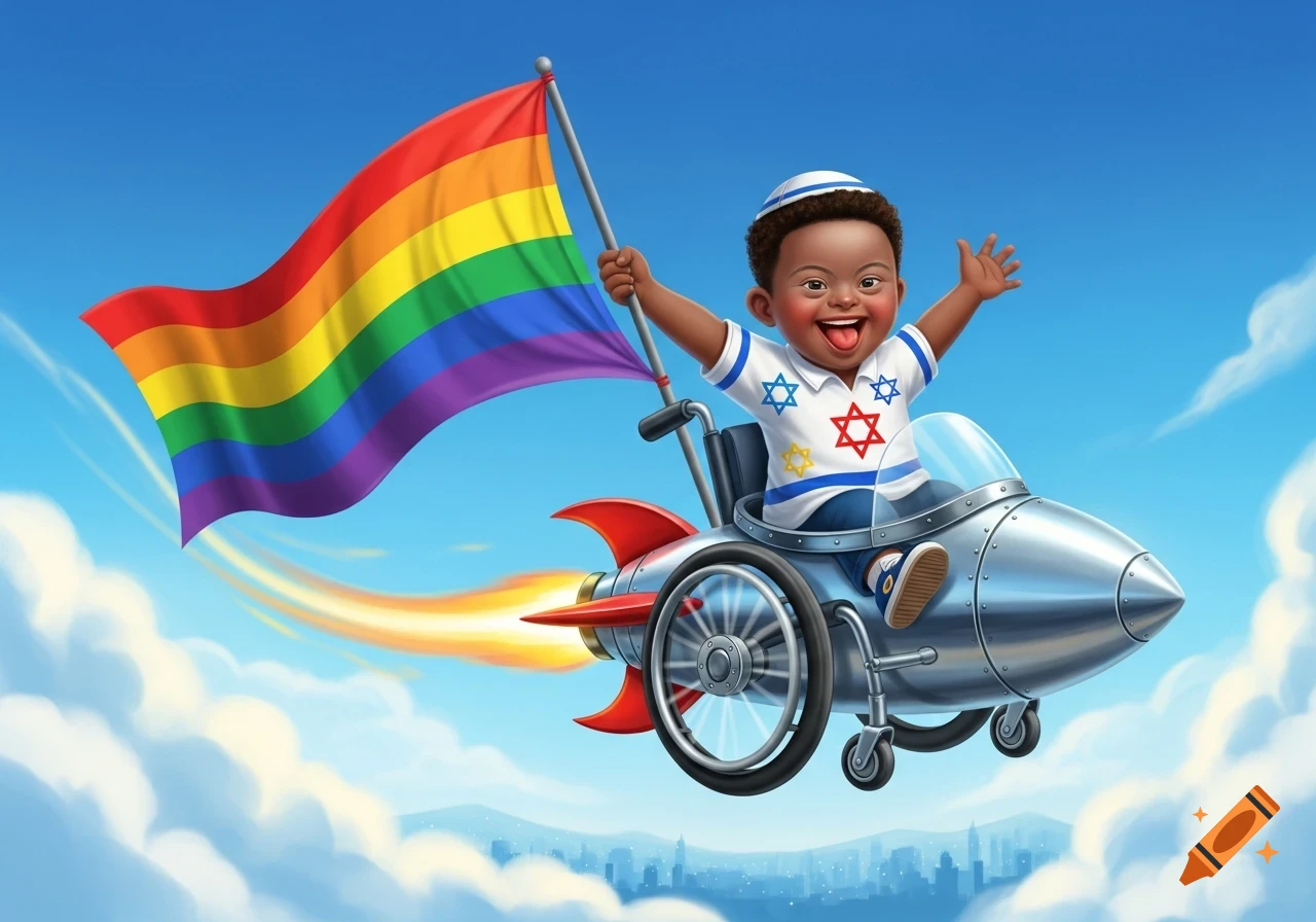 A happy Black child with Down Syndrome flies in a rocket wheelchair, holding a rainbow flag, wearing a kipa and Star of David shirt.