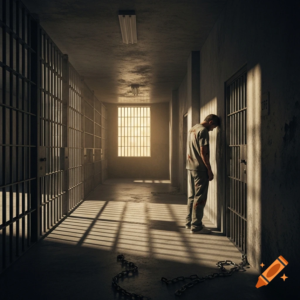 A man in a prison uniform leans against a cell door in a dark, dimly lit prison hallway with chains on the floor.