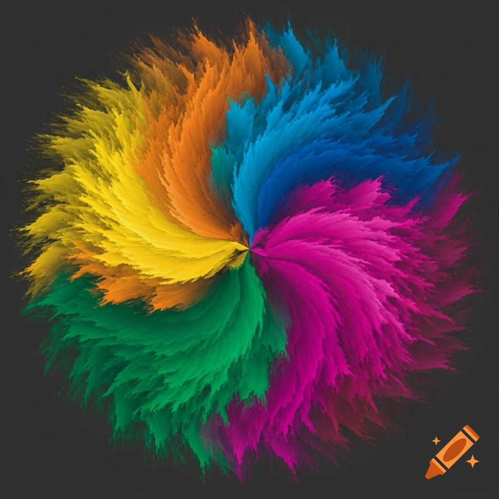 A vibrant abstract swirl of yellow, orange, blue, green, and magenta colors radiating on a dark background.
