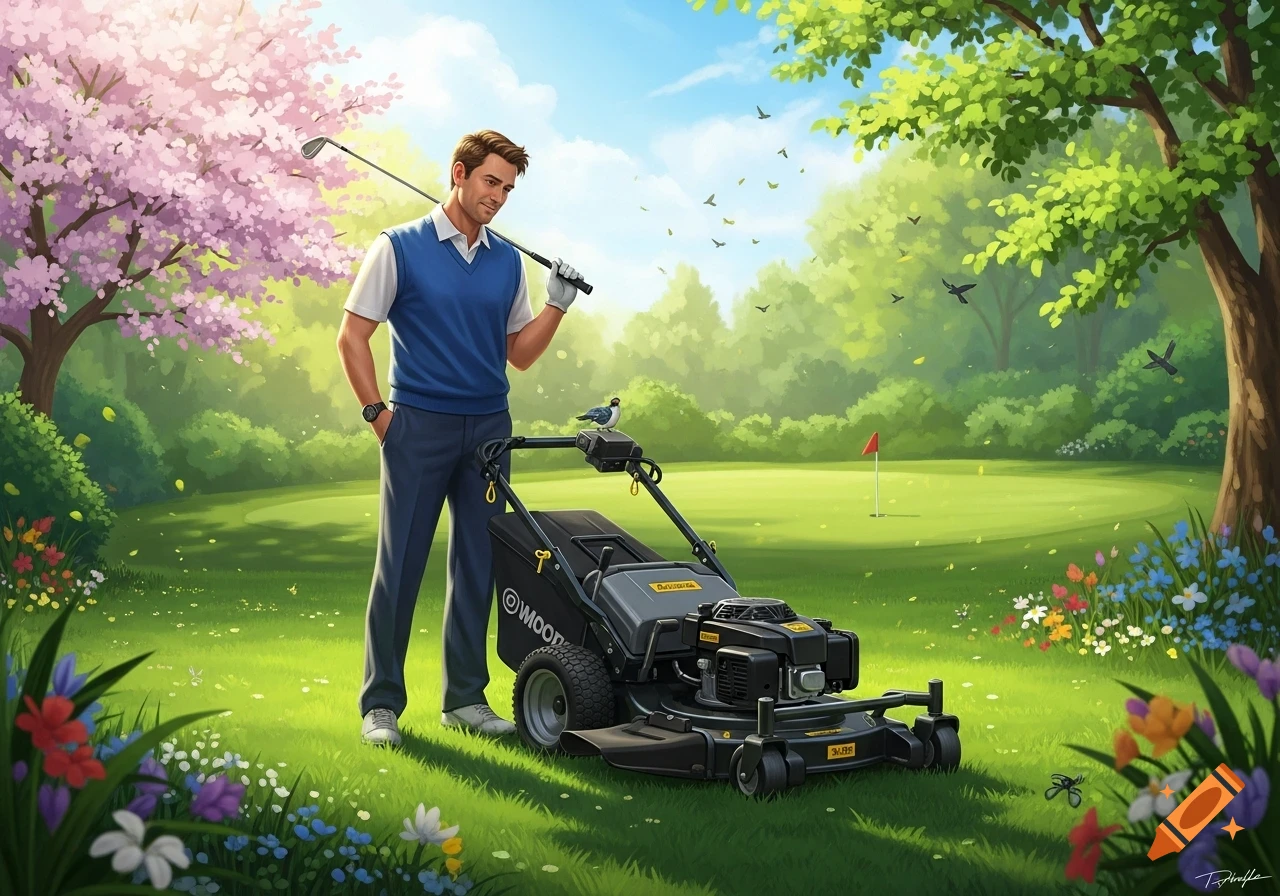 A man in golf attire stands next to a lawnmower in a lush spring garden with cherry blossoms, holding a golf club on his shoulder.