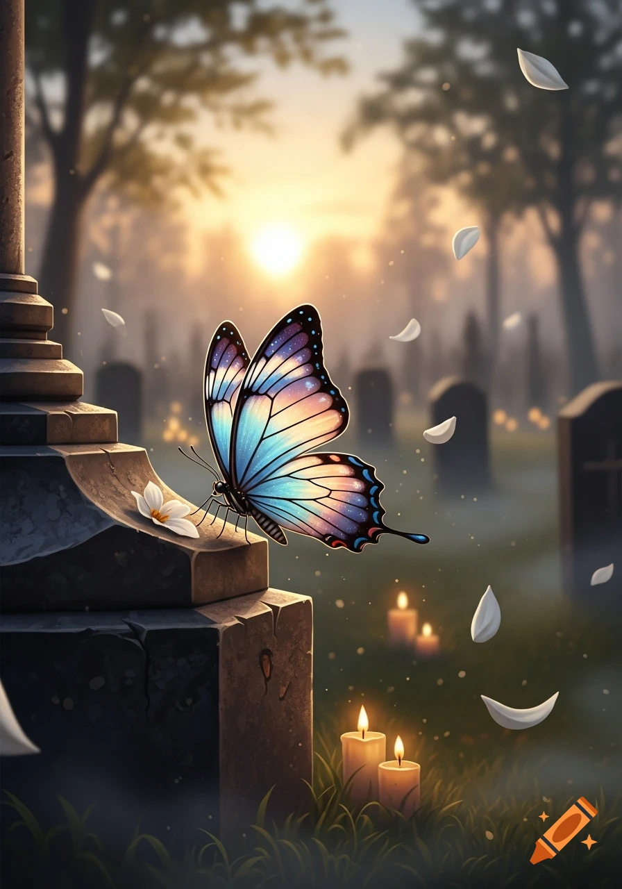 A colorful butterfly on a grave marker in a misty cemetery at sunset, with glowing candles and falling petals. Digital art.