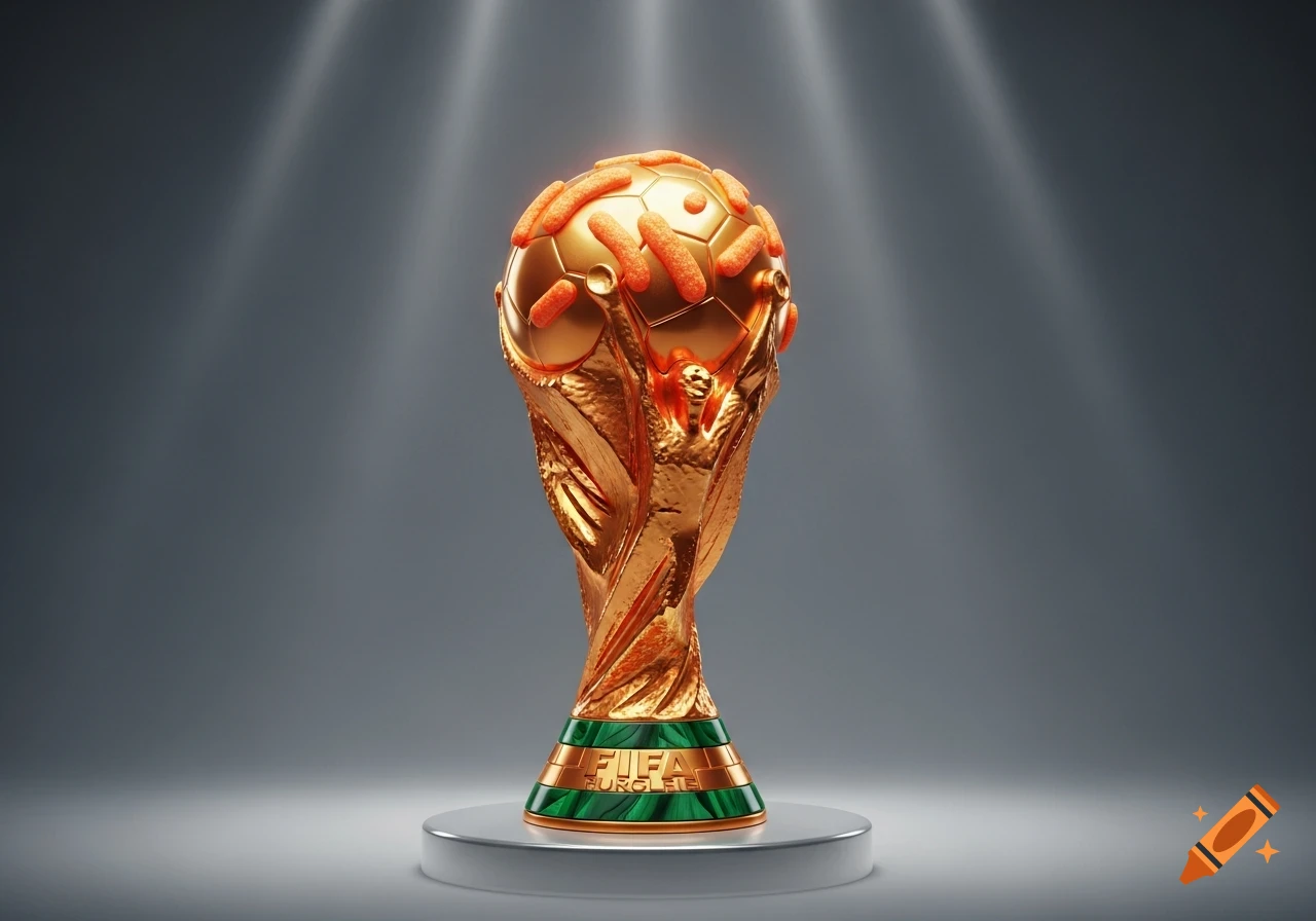A golden FIFA World Cup trophy stands on a silver pedestal, its globe adorned with orange Cheeto-like snacks, under spotlights.