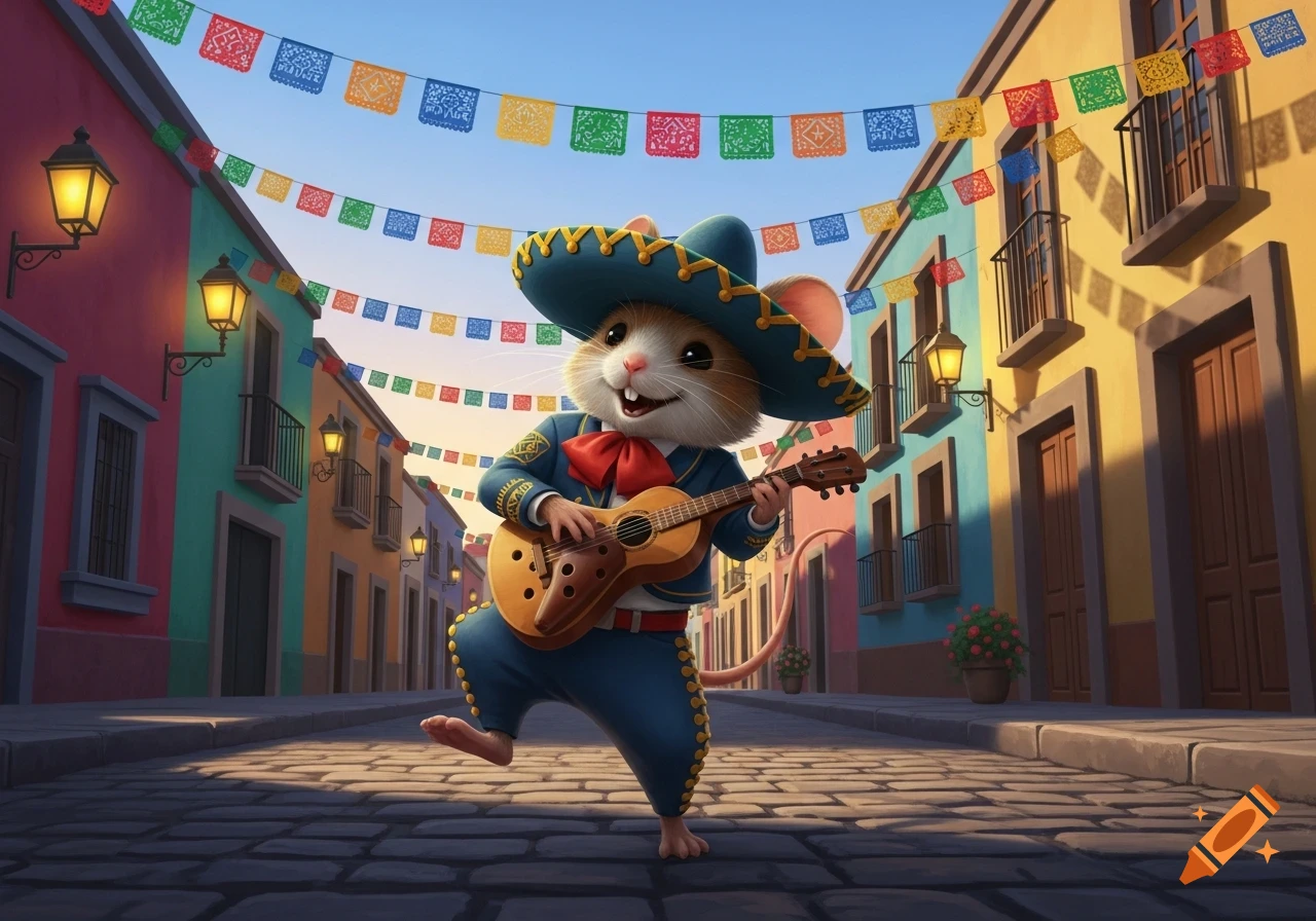 A cute cartoon mouse in a blue mariachi suit and sombrero plays a ukulele while dancing on a cobblestone street decorated with colorful papel picado.