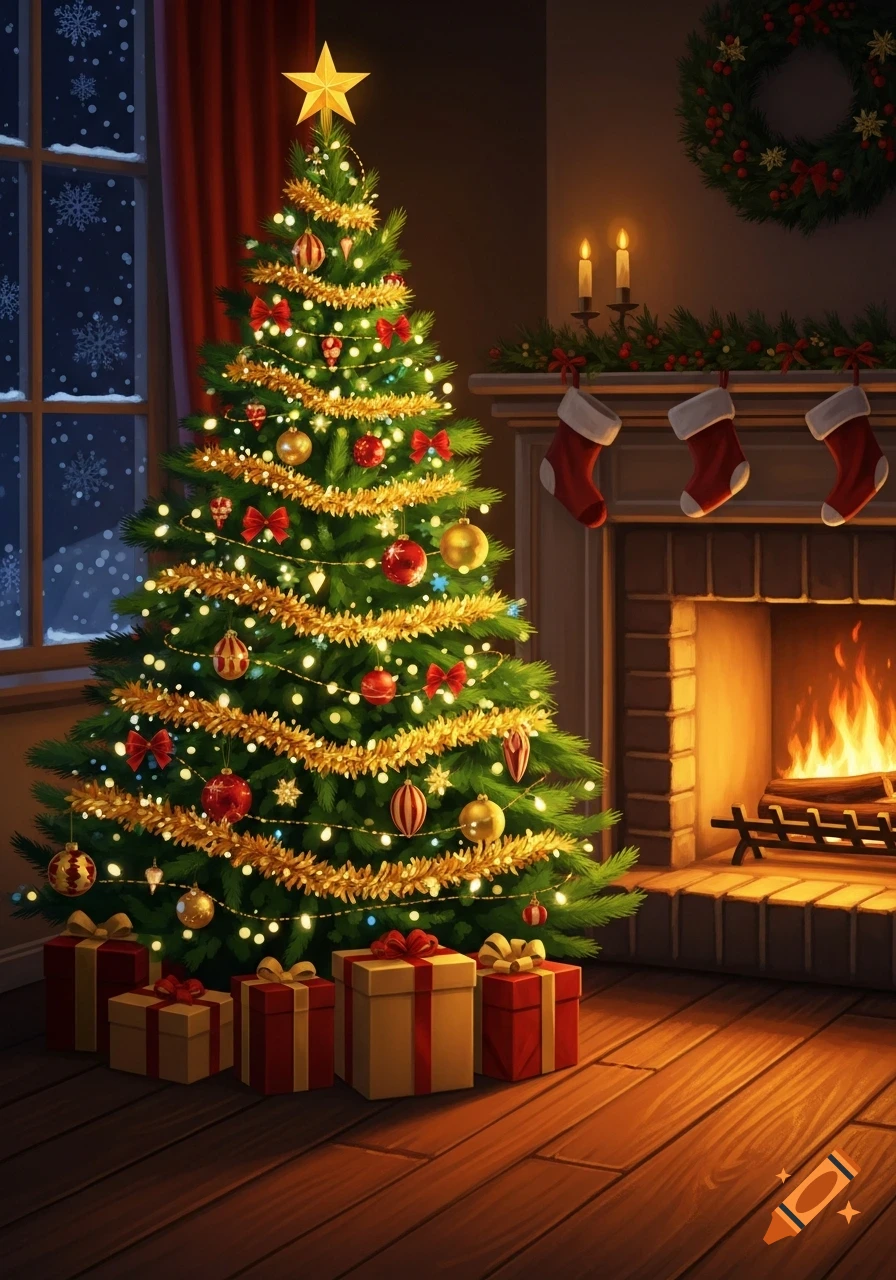 A warmly lit Christmas scene with a decorated tree, wrapped gifts, and a crackling fireplace with stockings hanging.