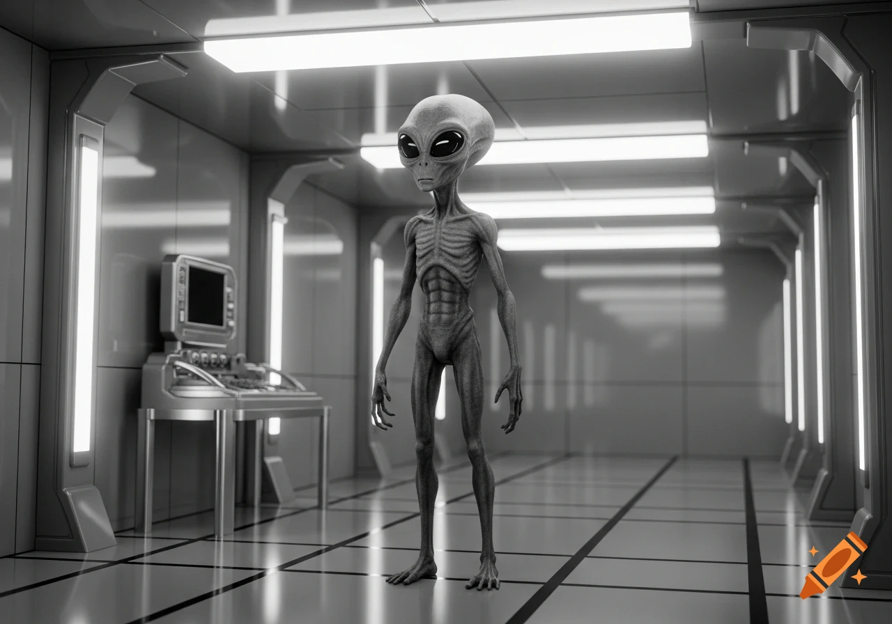 A photorealistic monochrome image of a classic grey alien standing in a sterile, futuristic room with a console.
