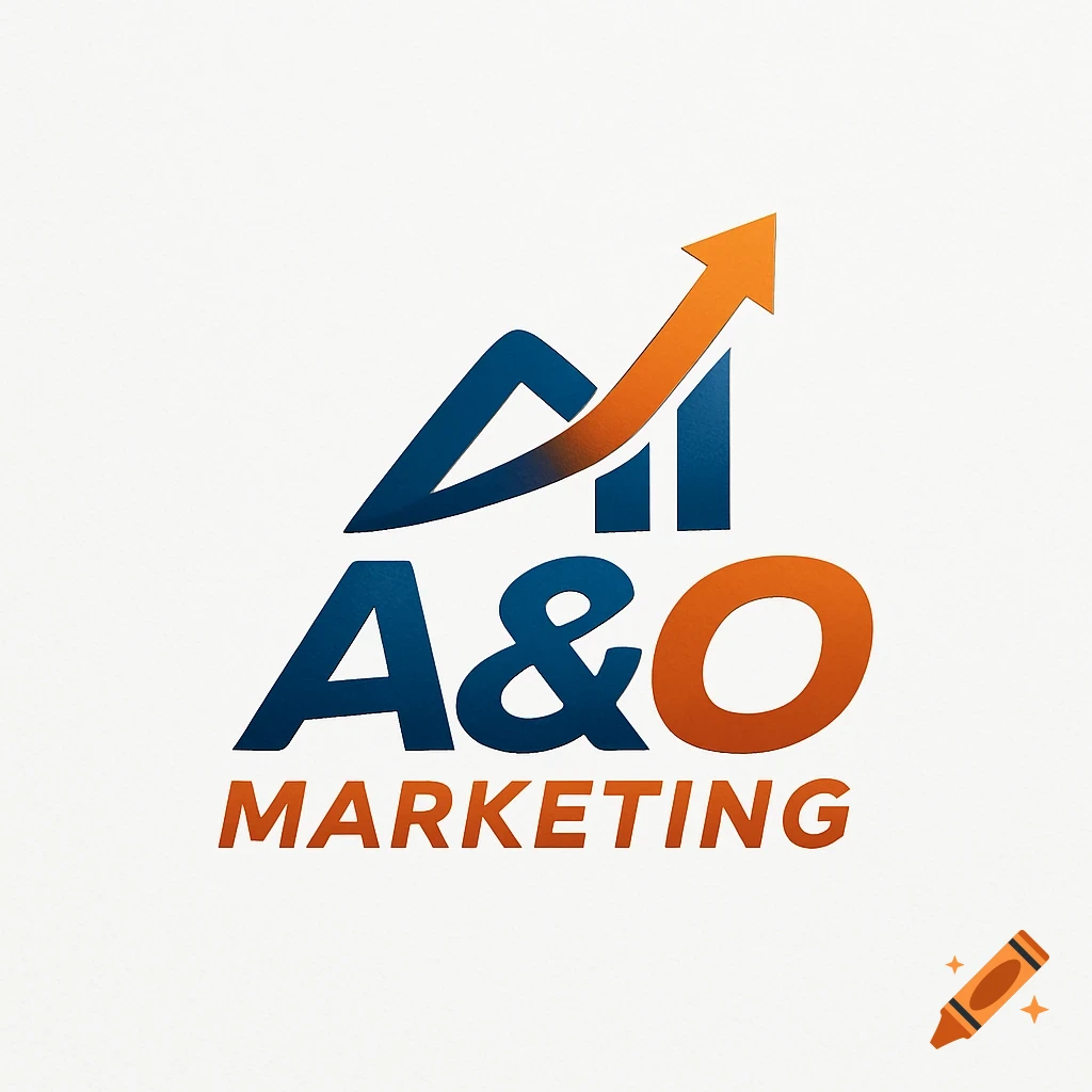 A blue and orange logo for 'A&O Marketing' with an upward-trending arrow and stylized bar graph.