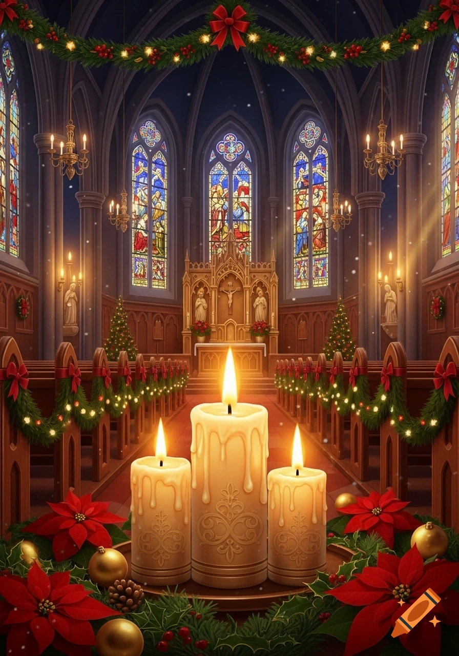 Grand church interior festively decorated for Christmas with stained glass, garlands, and three glowing candles.