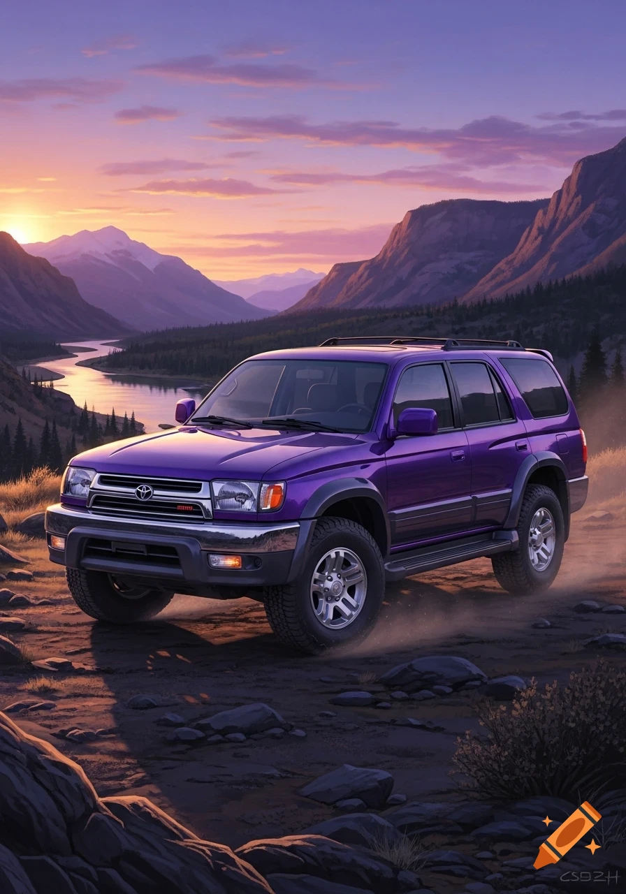 A vibrant purple Toyota 4Runner on a dirt path, driving through a scenic mountain valley at sunset with a winding river.