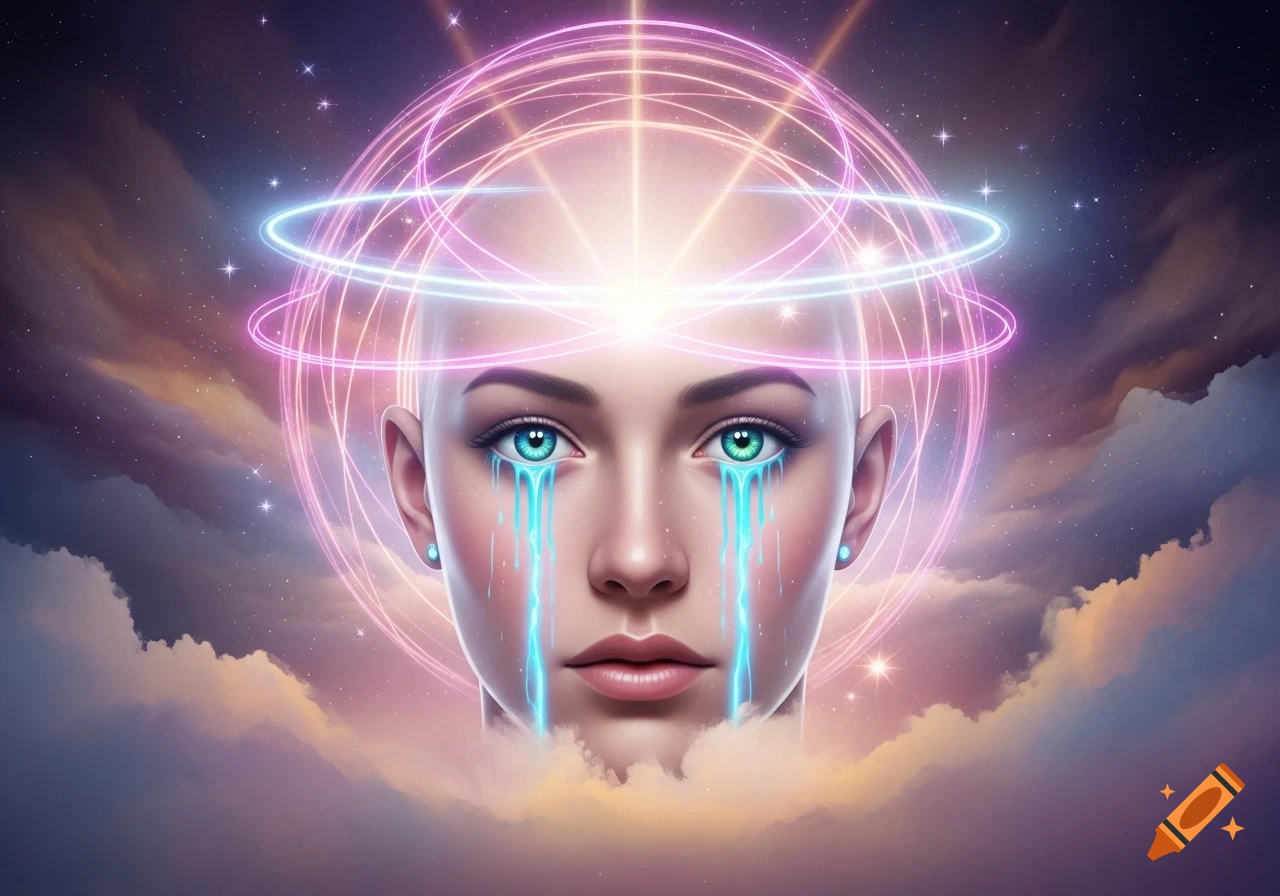 A bald female face with glowing blue eyes and tears, surrounded by glowing rings against a cosmic, cloudy background.