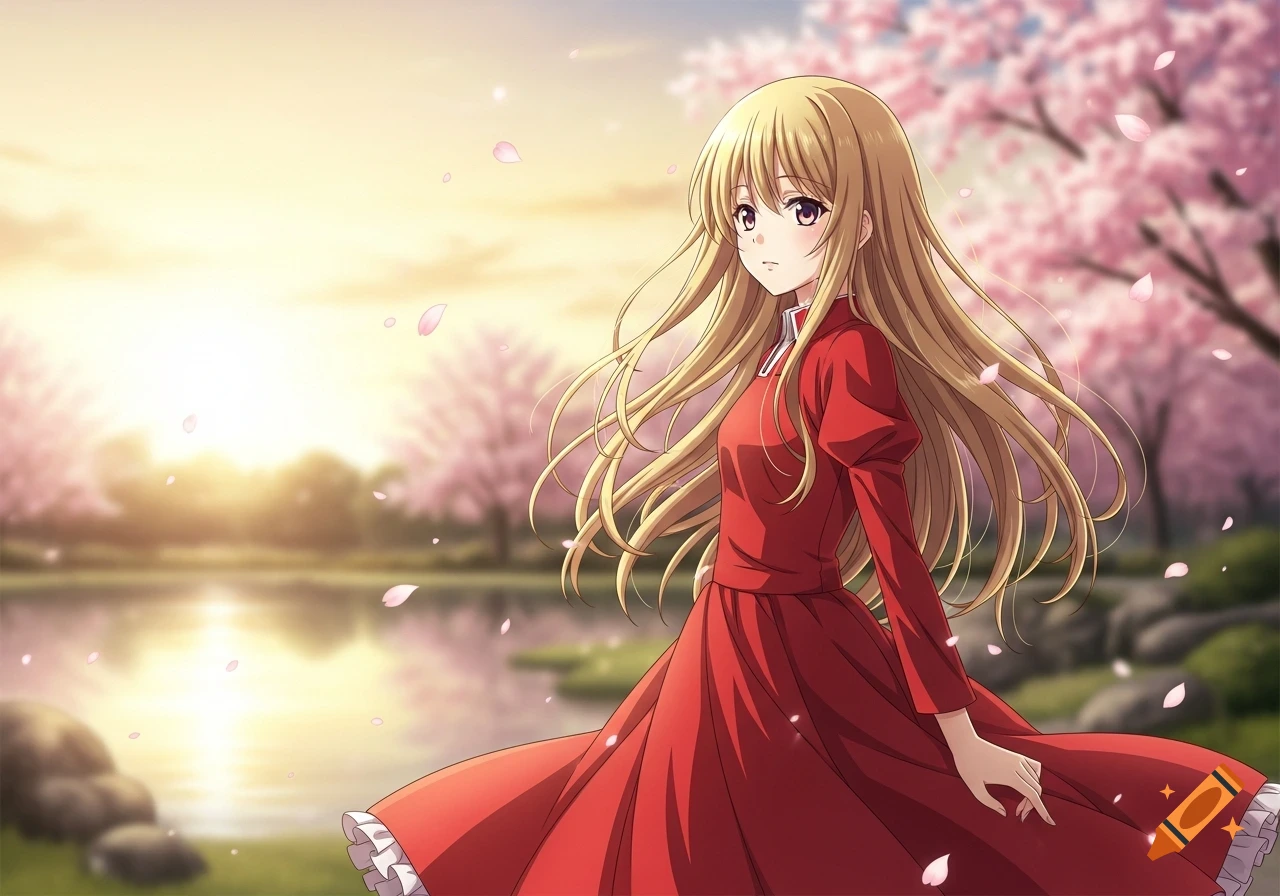 Anime drawing of a blonde-haired girl in a red dress standing by a lake with cherry blossoms at sunset.