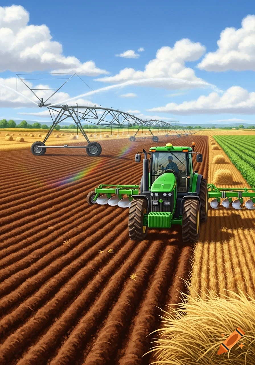 A green tractor plows a field while a center pivot sprinkler waters crops under a blue sky.