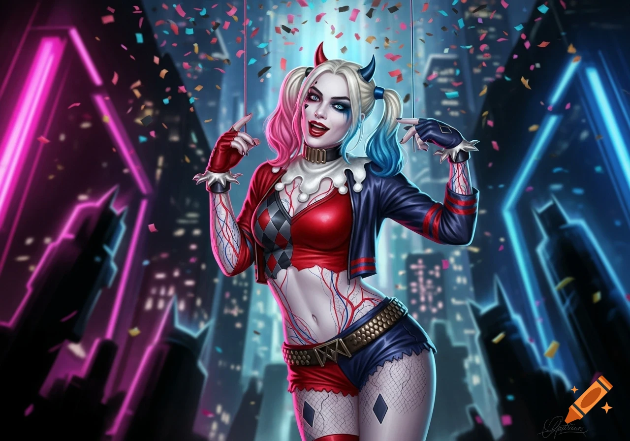 Digital art of Harley Quinn with pink and blue pigtails, standing amidst falling confetti, against a neon-lit city background. Veins are visible on her arms and torso.