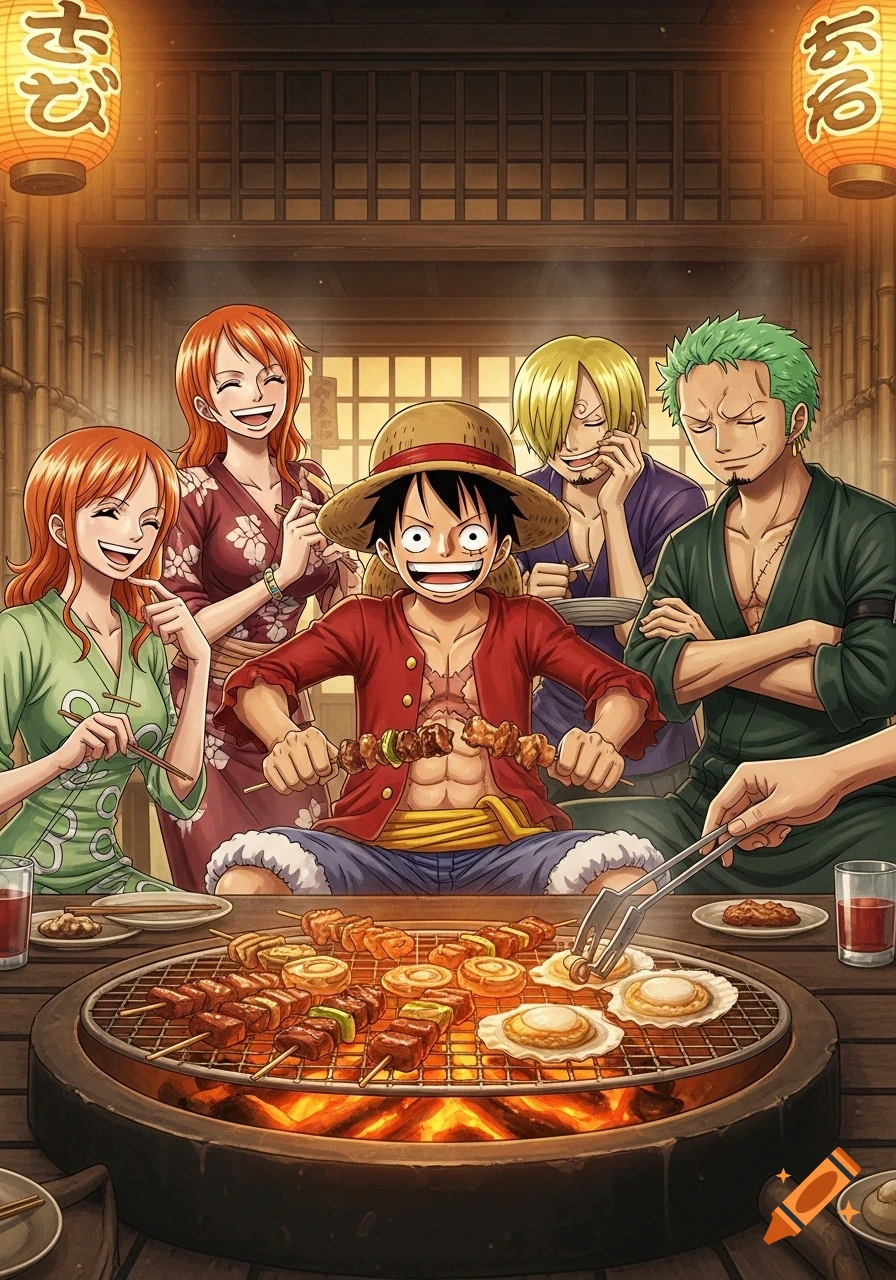 One Piece characters Luffy, Nami, Sanji, and Zoro enjoy a Japanese BBQ, cooking food on a grill and smiling.