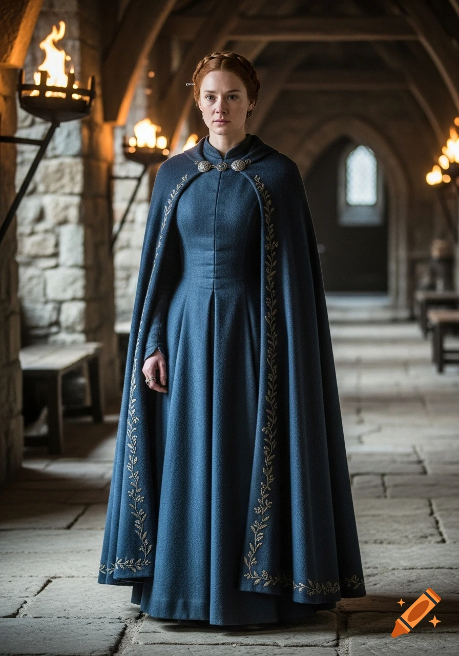 A woman with braided red hair, dressed in a long blue medieval gown and ...