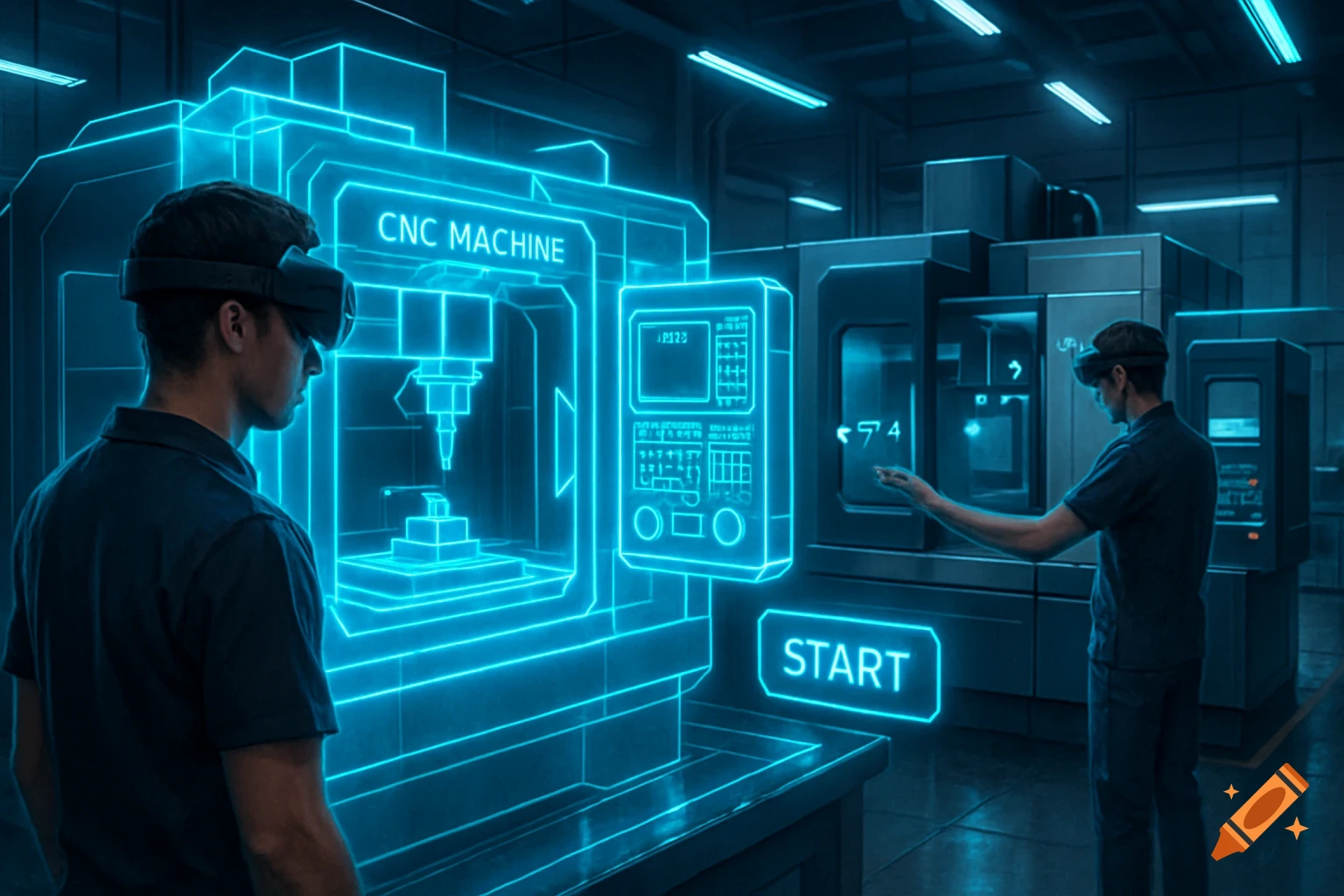 Two men wearing VR headsets interact with glowing blue holographic CNC machines in a futuristic industrial setting.
