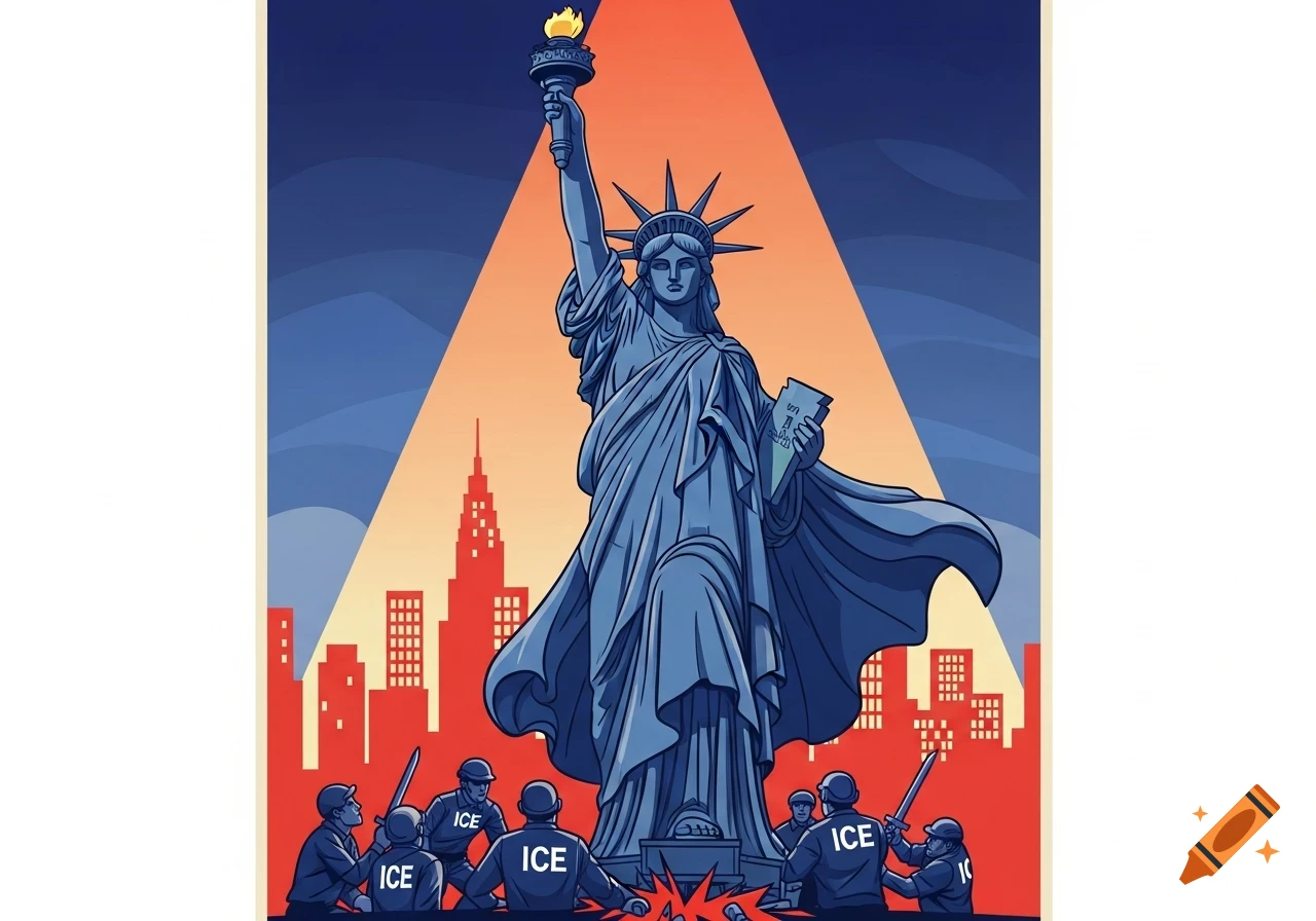 Cartoon propaganda poster of Lady Liberty stepping on uniformed ICE agents with a cityscape backdrop, in a style inspired by WWII posters.