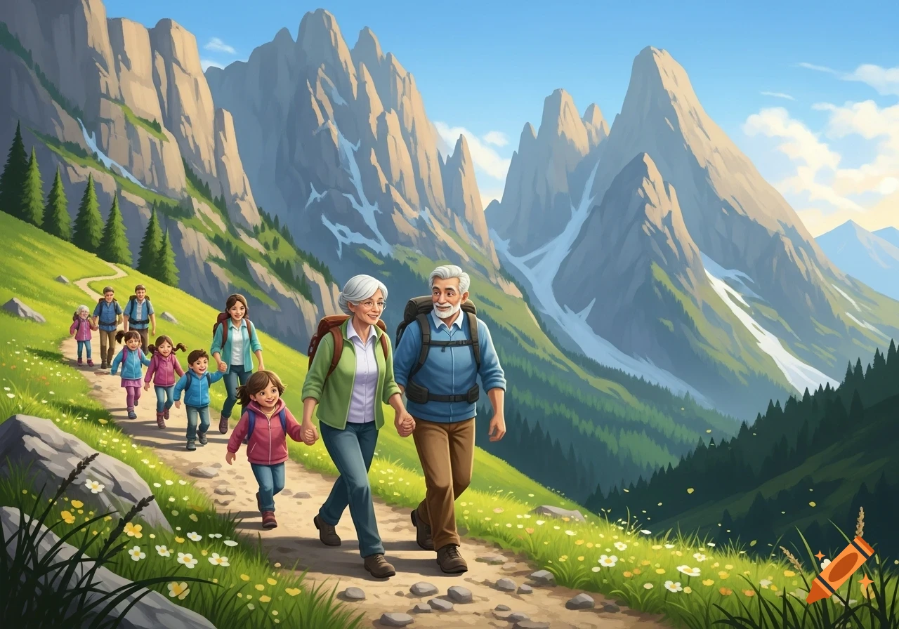 A multi-generational family hikes on a mountain path amidst green hills and towering peaks under a blue sky.
