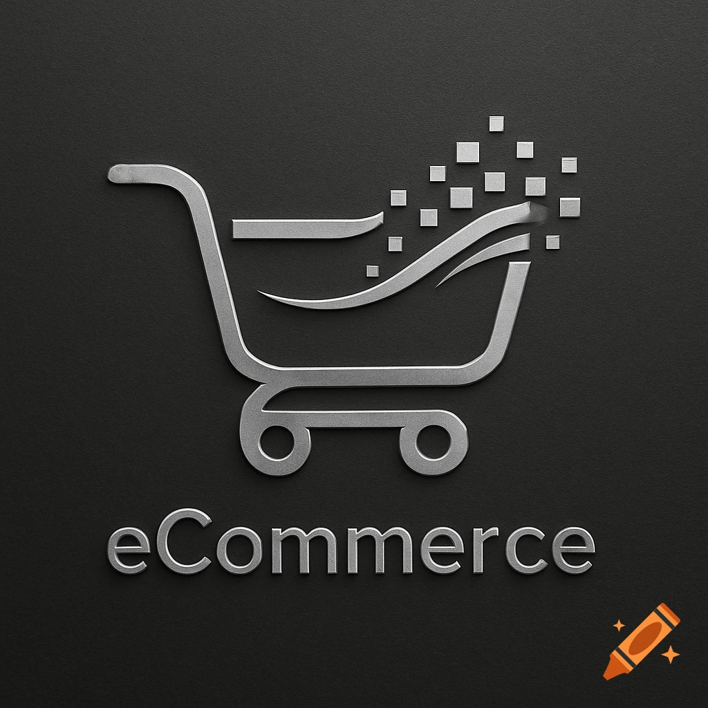 A metallic gray e-commerce shopping cart logo with pixelated elements on a dark textured background.