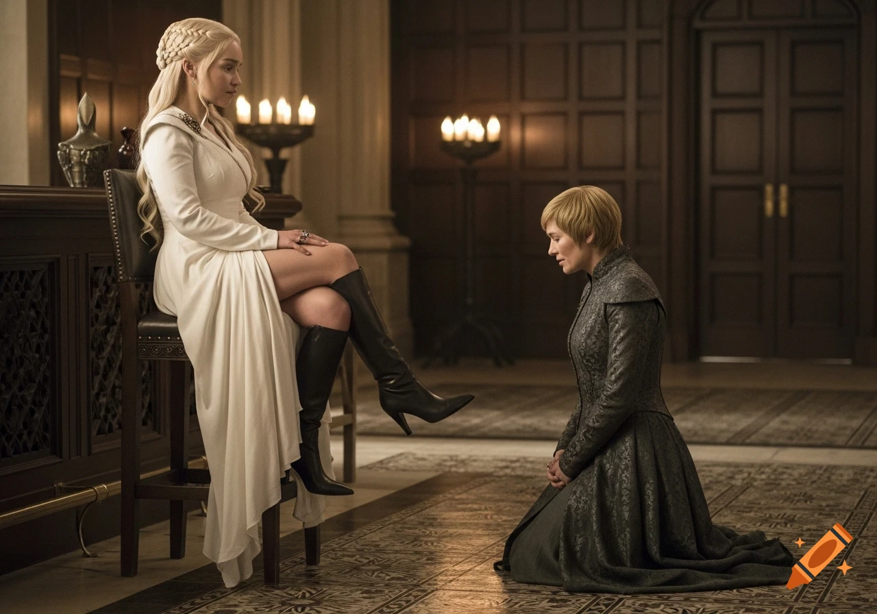 Daenerys Targaryen sits on a high stool in a white dress and black boots, looking down at Cersei Lannister kneeling before her in a dark room. Photorealistic style.