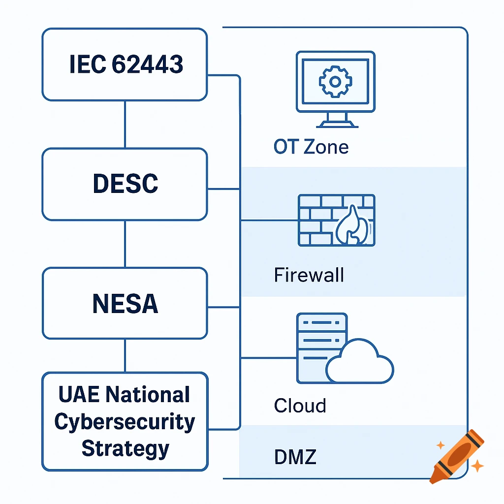 A blue and white regulatory mapping diagram connecting standards like IEC 62443 and UAE National Cybersecurity Strategy to architectural zones like OT Zone, Firewall, and Cloud.