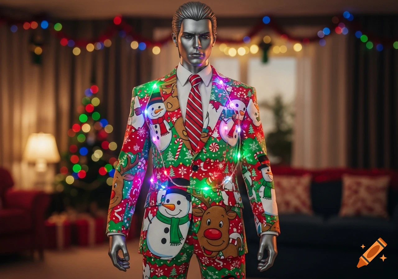 A silver mannequin wearing a light-up 'ugly' Christmas suit with snowmen and reindeer stands in a festive room with a Christmas tree.