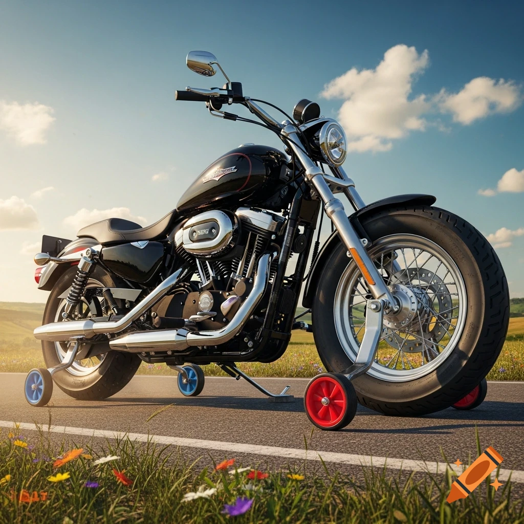 Black Harley-Davidson motorcycle with red and blue training wheels on a road with wildflowers under a blue sky.
