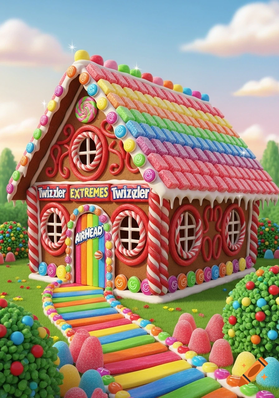 A colorful gingerbread house made of various candies, with a rainbow roof, candy-lined path, and vibrant green lawn. Candy bushes surround the house.
