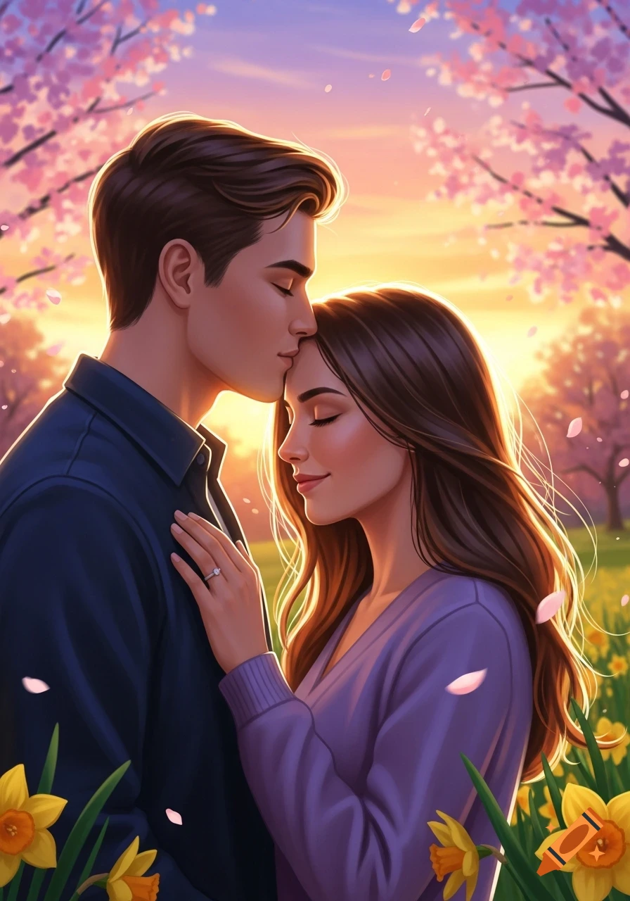 Digital art of a man gently kissing a woman's forehead in a vibrant spring landscape with blooming pink trees and yellow daffodils at sunset.