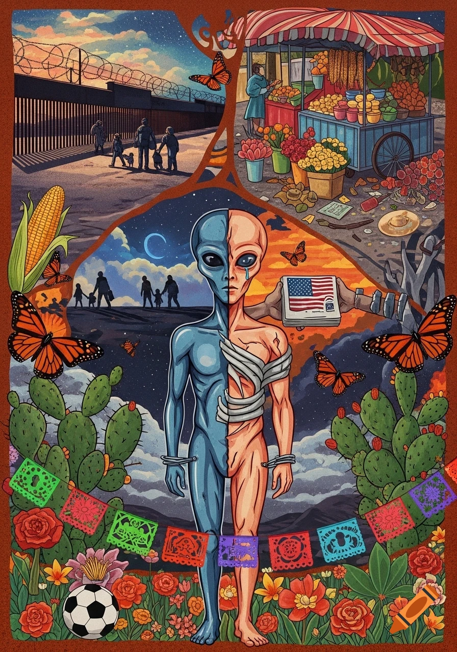 A vibrant collage illustration depicting themes of Hispanic heritage and immigration, with a half-human, half-alien figure at the center. Scenes include a border fence, a market, monarch butterflies, cactuses, corn, and a soccer ball.