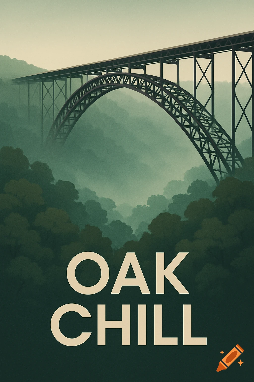 Stylized poster art of a large steel arch bridge spanning a misty, forested valley, with "OAK CHILL" text at the bottom.