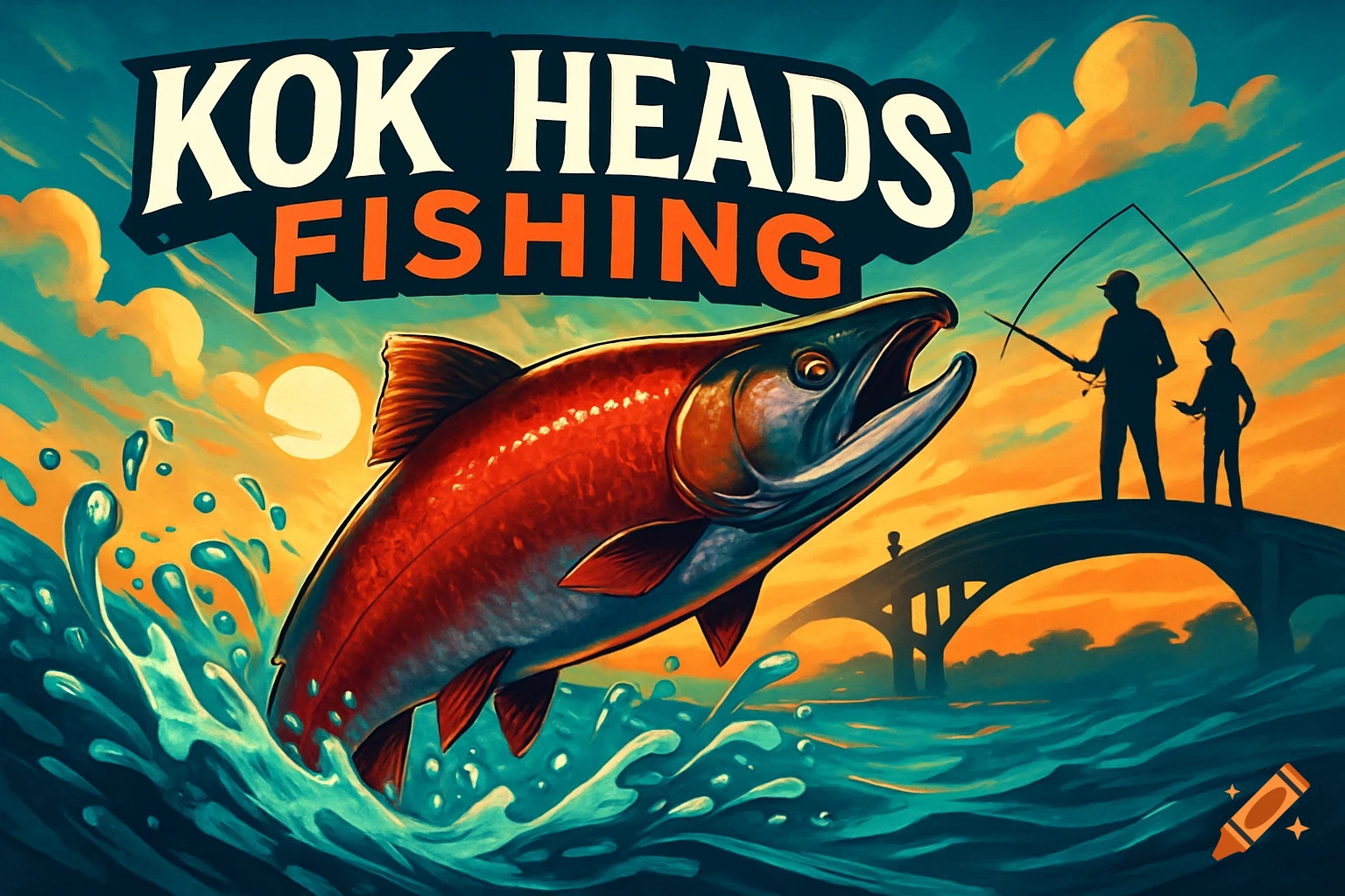 Stylized illustration of a large red salmon leaping from the water with "KOK HEADS FISHING" text, silhouetted father and son fishing on a bridge at sunset.