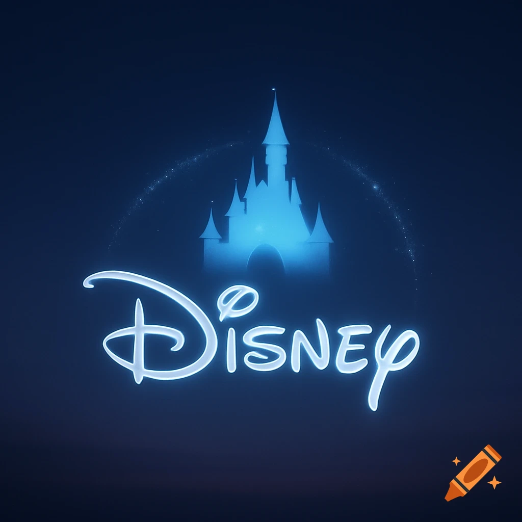 The glowing blue Disney logo and Cinderella's castle silhouette against a dark blue background with magical sparkles.