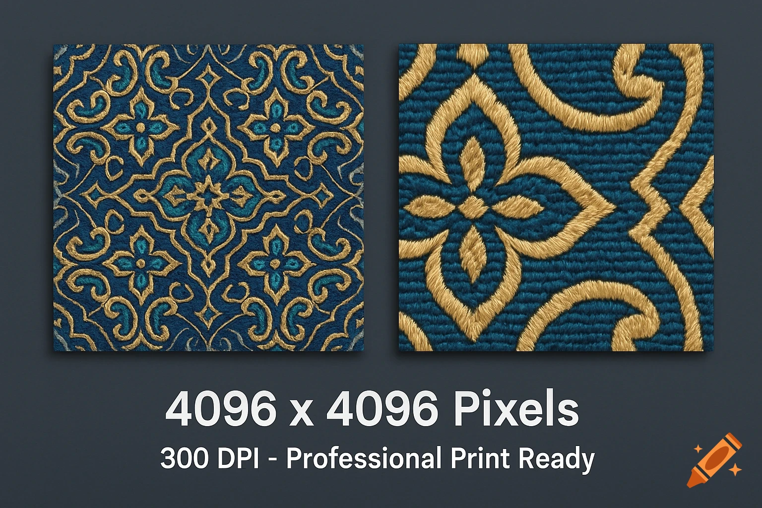Two square panels display intricate blue and gold embroidery patterns, one zoomed in, with technical specifications.