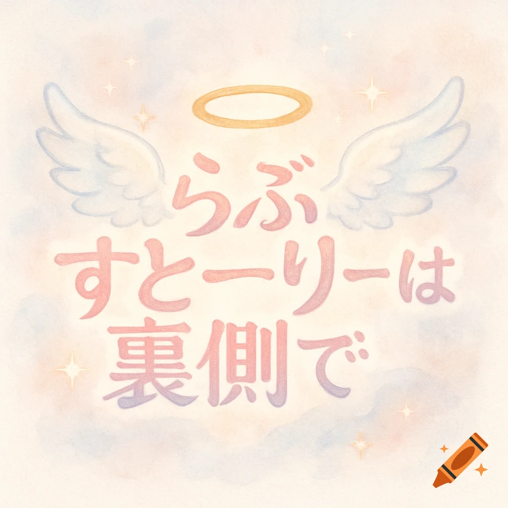 Pastel watercolor image with Japanese text 'Love Story is on the other side', flanked by angel wings and a halo, on a cloudy sky with stars.