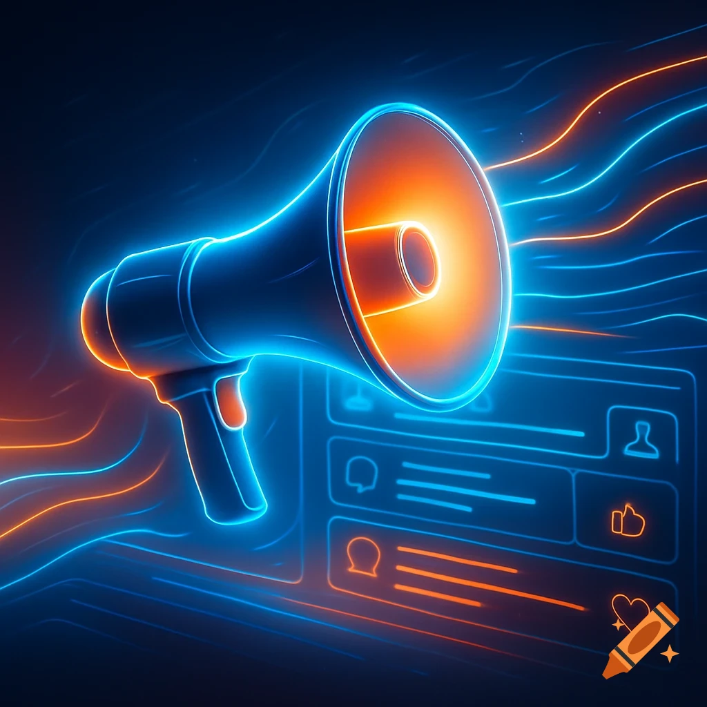 A glowing neon blue and orange megaphone stands against a dark background, with abstract neon lines radiating from it towards stylized social media interface elements.