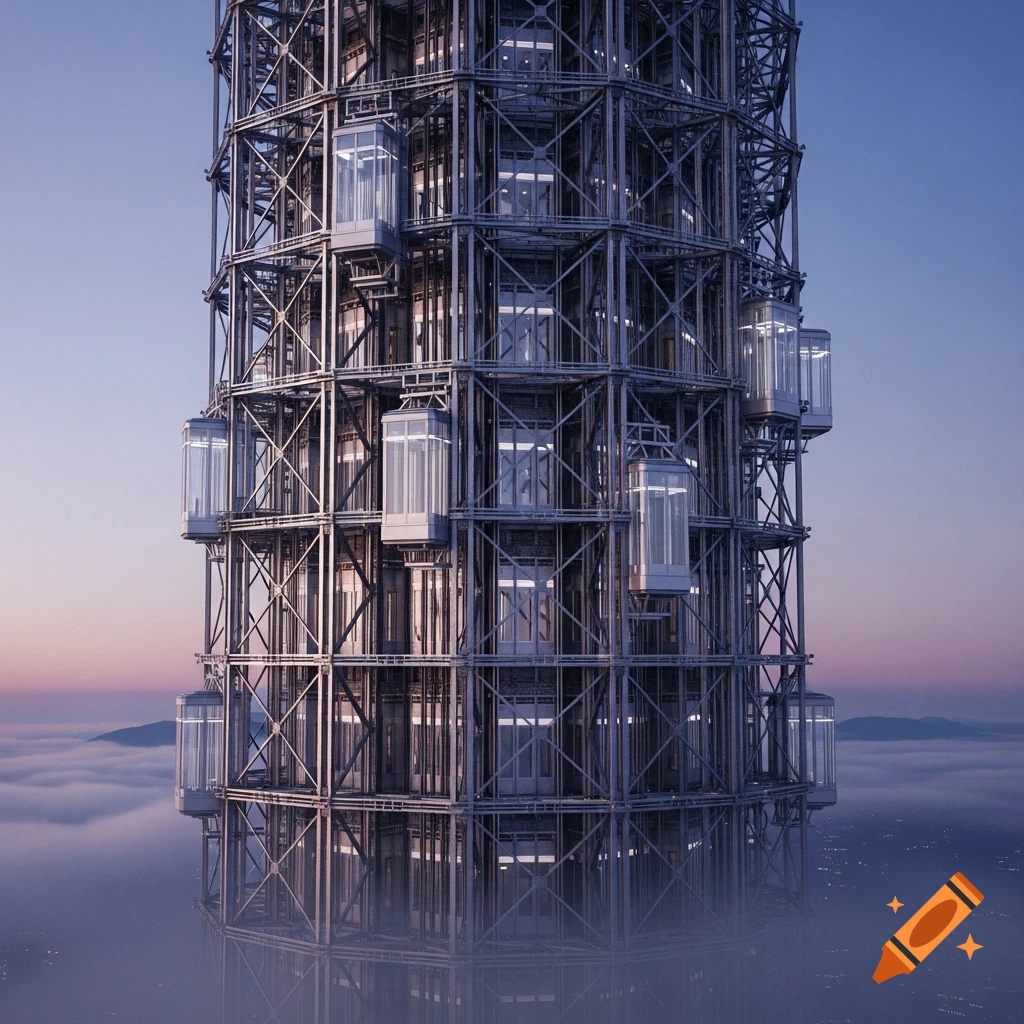 A tall, intricate metal-framed skyscraper featuring numerous external glass elevators, rising dramatically above clouds at twilight.